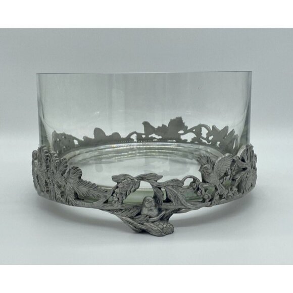 Birds & Pinecones Pewter Glass Large 9” Footed Bowl Centerpiece Votive Nature - Picture 1 of 12